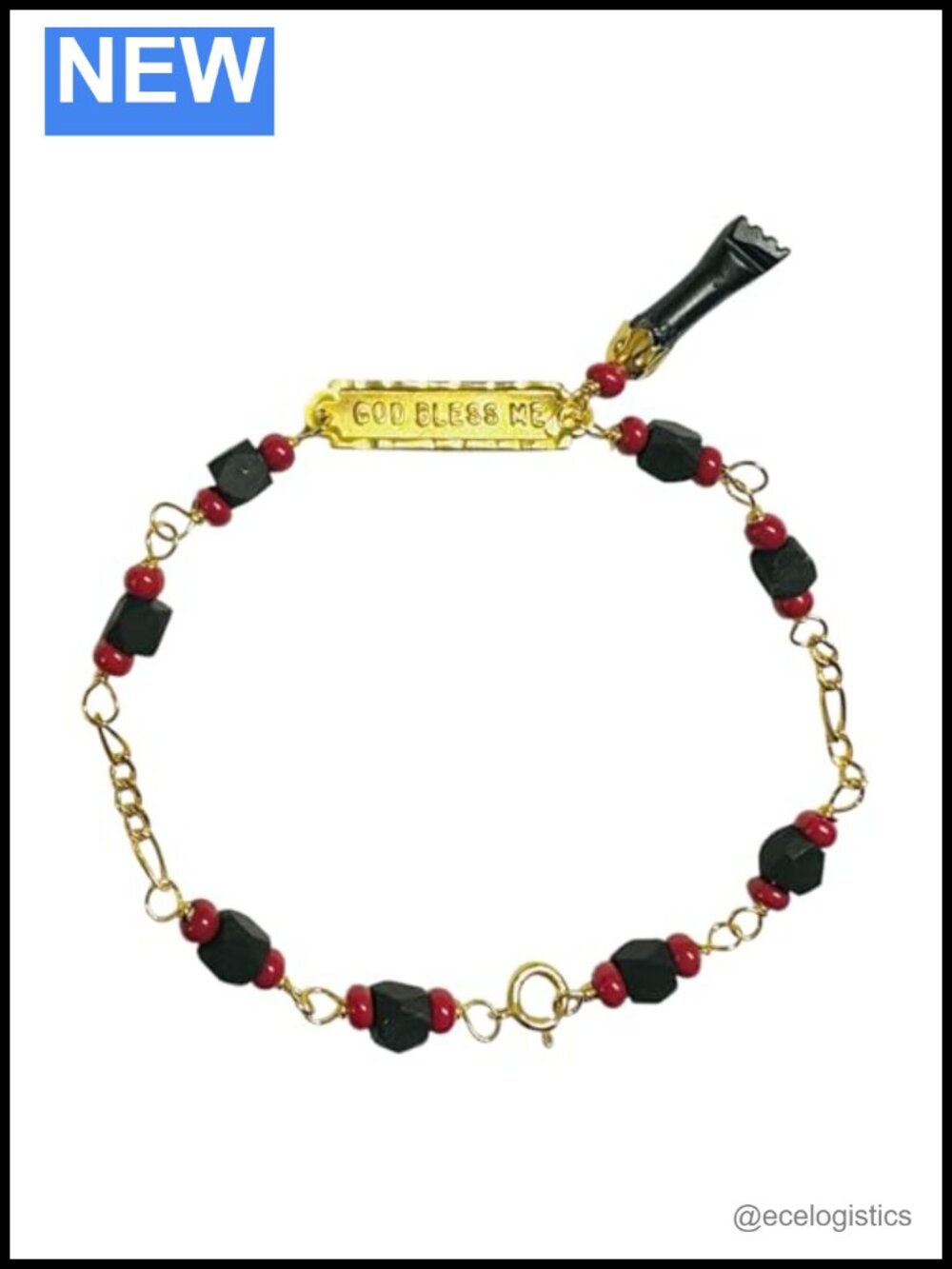 10K Gold Azabache Genuine Jet Mano Figa Baby Bracelet 6" Figaro Link